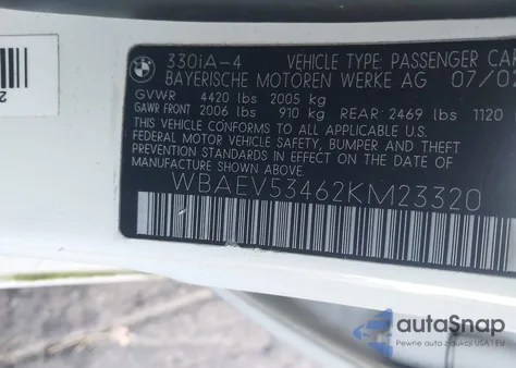 2002 BMW 330I from USA, damaged, VIN WBAEV53462KM23320